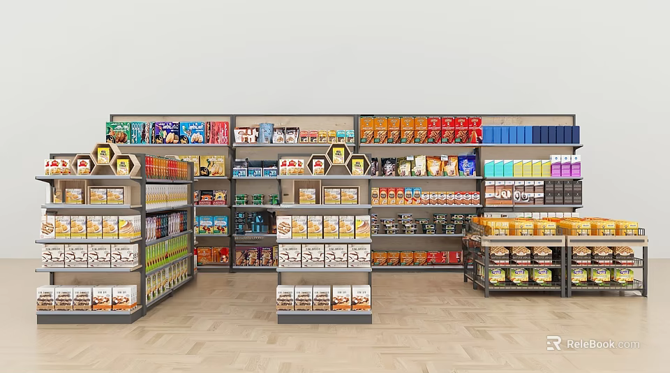 Well Organized Supermarket Interior With Shelves Stocked Full Of Various Grocery Products 3d model 