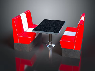 Red Public Booth Seats With Black Counter Table White Cushion And Metal Base Design 3d model