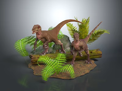 Two Dinosaurs Standing On Log With Ferns And Rocks In Prehistoric Scene 3d model