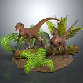Two Dinosaurs Standing On Log With Ferns And Rocks In Prehistoric Scene