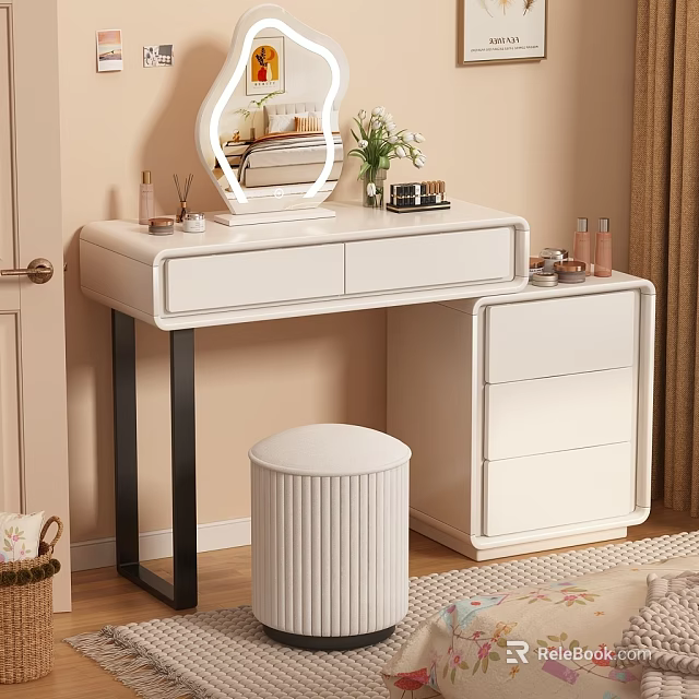 Elegant Modern Vanity Table With Round Mirror Stool And Cosmetic Drawers 3d model 