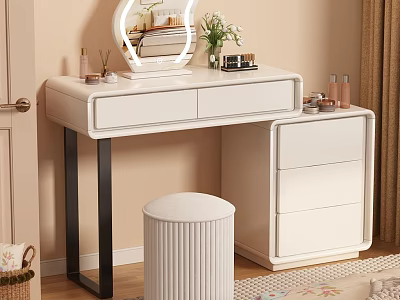 Elegant Modern Vanity Table With Round Mirror Stool And Cosmetic Drawers 3d model