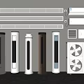 Modern Air Conditioners and Fans with Different Types Including Standing Wall Mounted and Tower Designs