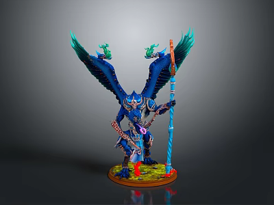 Blue Winged Fantasy Creature Figure With Staff And Decorative Base Design 3d model