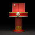 Elegant Red Display Cabinets With Golden Accents On Black Background