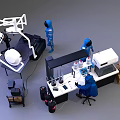 Functional Workstation in Medical Laboratory With Personnel in Blue Protective Suits and Equipment