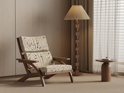 Modern Lounge Chair With Patterned Cushion Wooden Frame Floor Lamp And Side Table 3d model