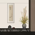 Bonsai Potted Plant Decor In Traditional Chinese Interior With Wooden Screen And Ceramic Vase