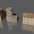 Medieval Stone Castle Structures Featuring Tower Walls Gateway And Brown Roofs 3d model