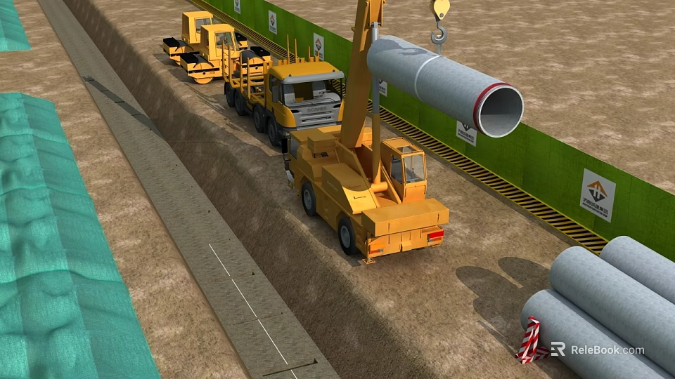Road Infrastructure Construction Site Featuring Pipeline Installation Trenching Vehicles And Green Barriers 3d model 
