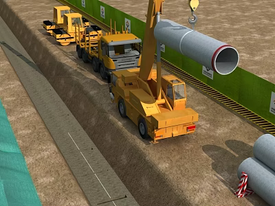 Road Infrastructure Construction Site Featuring Pipeline Installation Trenching Vehicles And Green Barriers 3d model