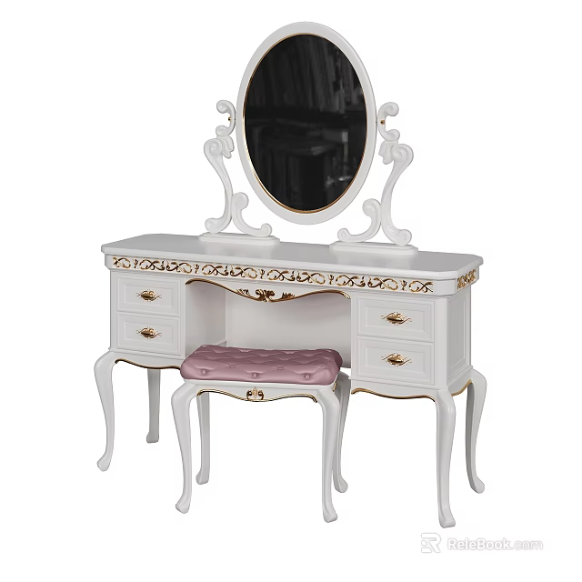 White Dressing Table With Gold Accents Oval Mirror Carved Design And Pink Upholstered Stool 3d model 