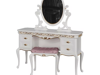 White Dressing Table With Gold Accents Oval Mirror Carved Design And Pink Upholstered Stool 3d model