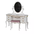 White Dressing Table With Gold Accents Oval Mirror Carved Design And Pink Upholstered Stool