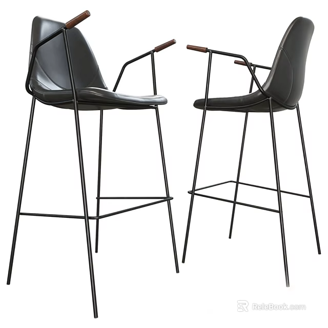 Modern Black Leather Bar Stools With Wooden Armrests And Metal Frames 3d model 