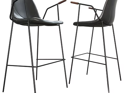 Modern Black Leather Bar Stools With Wooden Armrests And Metal Frames 3d model