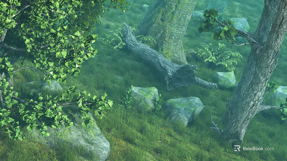 Lush Green Forest Landscape With Tall Trees Grasses Fallen Trunk And Rocks 3d model 