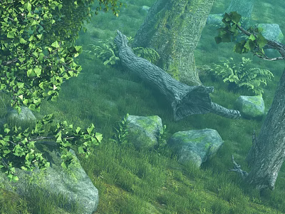 Lush Green Forest Landscape With Tall Trees Grasses Fallen Trunk And Rocks 3d model