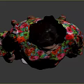 Woman Wearing Colorful Floral Dress With Red Green Patterns And White Shoes On Dark Background