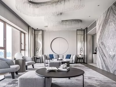 Modern Living Room Interior With Gray Sofa Round Coffee Table Crystal Chandelier And Marble Wall 3d model