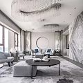 Modern Living Room Interior With Gray Sofa Round Coffee Table Crystal Chandelier And Marble Wall