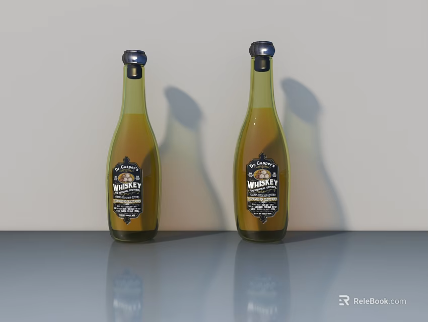 Green Whiskey Bottles With Yellow Liquid And Labels On Smooth Reflective Surface 3d model 
