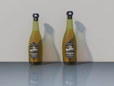 Green Whiskey Bottles With Yellow Liquid And Labels On Smooth Reflective Surface 3d model