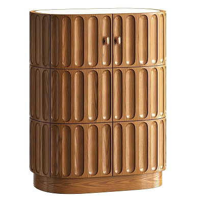 Wooden Bedside Cabinet With Cylindrical Design And Vertical Stripes Drawer Storage 3d model