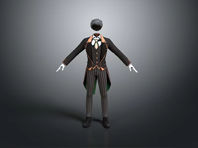3D Character Model Wearing Formal Black Coat With Striped Pants And Bow Tie 3d model