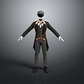 3D Character Model Wearing Formal Black Coat With Striped Pants And Bow Tie