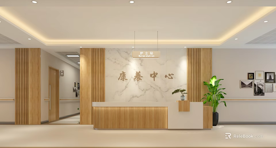 Kangxin Center Modern Reception Area With Marble Backdrop And Wooden Decor 3d model 