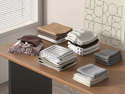Folded Clothes In Brown White Gray And Plaid Patterns Neatly Arranged On Wooden Table 3d model