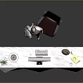 Modern Reception Desk with Marble Top Computer Lamp Green Plant and Black Chair in Office