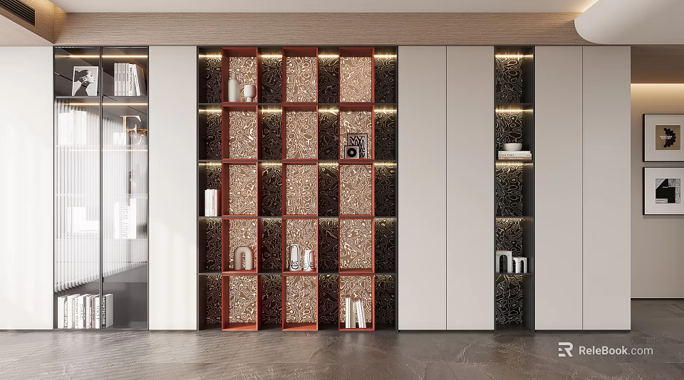 Modern Wooden Bookcase With Layered Shelves Illuminated Lighting And Storage Cabinets 3d model 