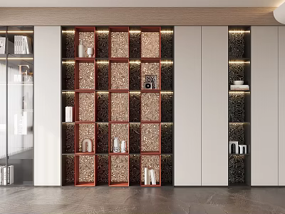 Modern Wooden Bookcase With Layered Shelves Illuminated Lighting And Storage Cabinets 3d model