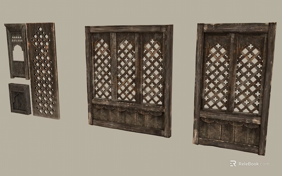 Vintage Wooden Carved Lattice Pattern Decorative Ornament Set With Three Screen Panels 3d model 