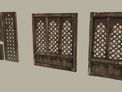 Vintage Wooden Carved Lattice Pattern Decorative Ornament Set With Three Screen Panels 3d model