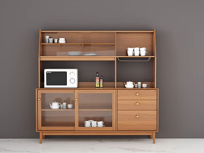 Modern Wooden Sideboard With Microwave Cups Dishes Glass Door Cabinets And Storage Drawers 3d model
