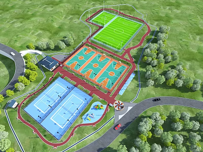 Sports Park Landscape With Football Field Basketball Courts Tennis Court Playground And Green Trees 3d model