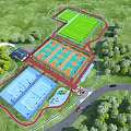 Sports Park Landscape With Football Field Basketball Courts Tennis Court Playground And Green Trees