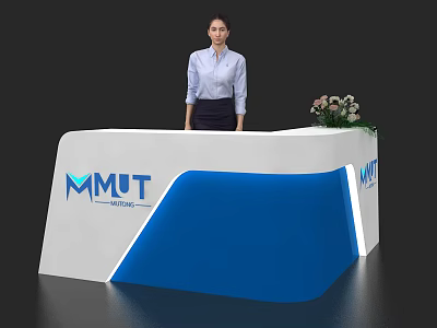 Modern Blue And White MMUT IVING Reception Desk With Female Staff And Flowers 3d model