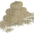 Neatly Stacked Dry Hay Bales With Scattered Straw On White Background