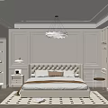 Modern Bedroom Interior Design With Beige Walls Upholstered Headboard Chandelier Bookshelves And Rug