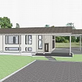 Modern Style Rural Self Built House With Porch Columns Lawn And Red Car
