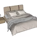 Modern Double Bed With Beige Headboard Gray Blanket Pillows And Wooden Nightstand With Round Lamp