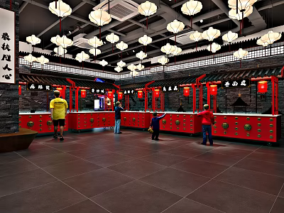 Traditional Chinese Restaurant Interior With Red Counters And Hanging Lantern Decorations 3d model