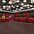 Traditional Chinese Restaurant Interior With Red Counters And Hanging Lantern Decorations
