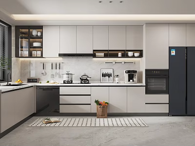 Modern Kitchen Interior With White Cabinets Black Appliances Island Counter Wall Shelves And Floor Rug 3d model
