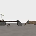 Wooden Bench Supported by Stones with Two Cats Near Light Colored Wall and Floor