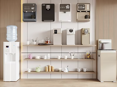 Modern Daily Electrical Appliances Display With Wall Mounted Standing Water Dispensers And Small Refrigerator 3d model